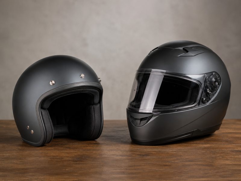 Casco de moto abierto tipo jet junto a un casco integral sobre una mesa