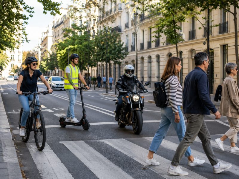Ciclista, usuario de patinete electrico, motorista y peatones conviviendo en una calle de ciudad