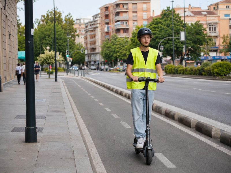 Joven circulando en patinete electrico con casco y chaleco reflectante por un carril en la ciudad